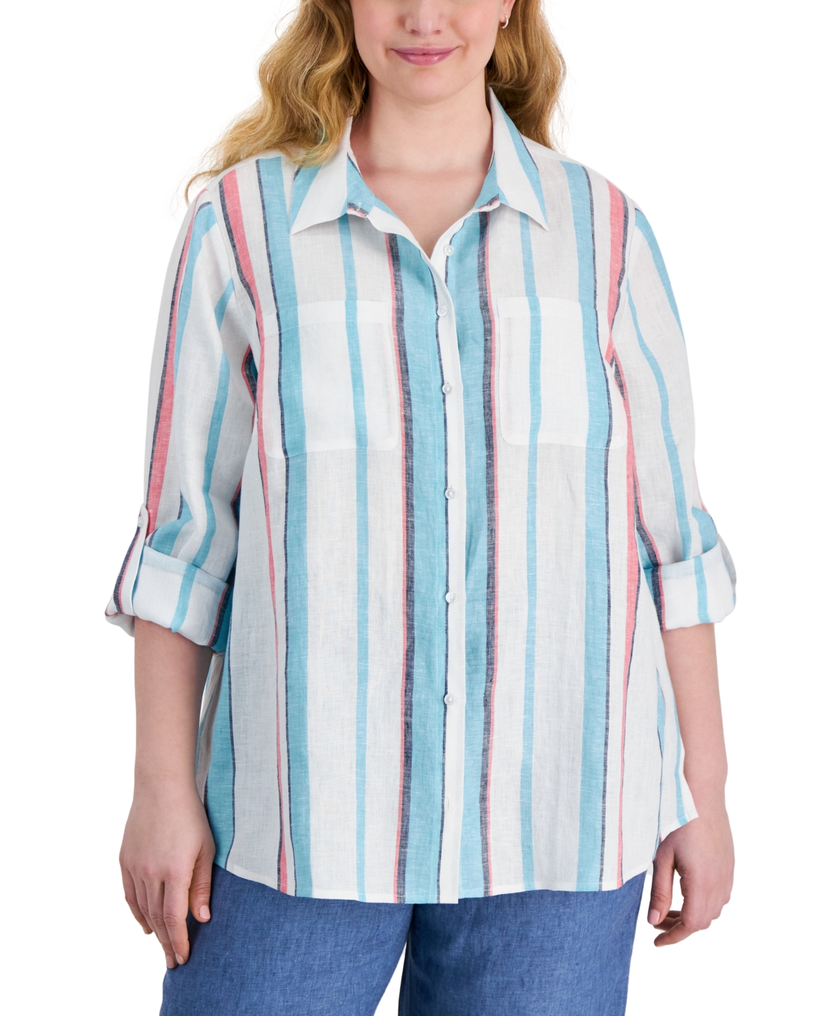 Plus Size Striped Linen Button-Front Shirt, Created for Macy's - Bright White Combo