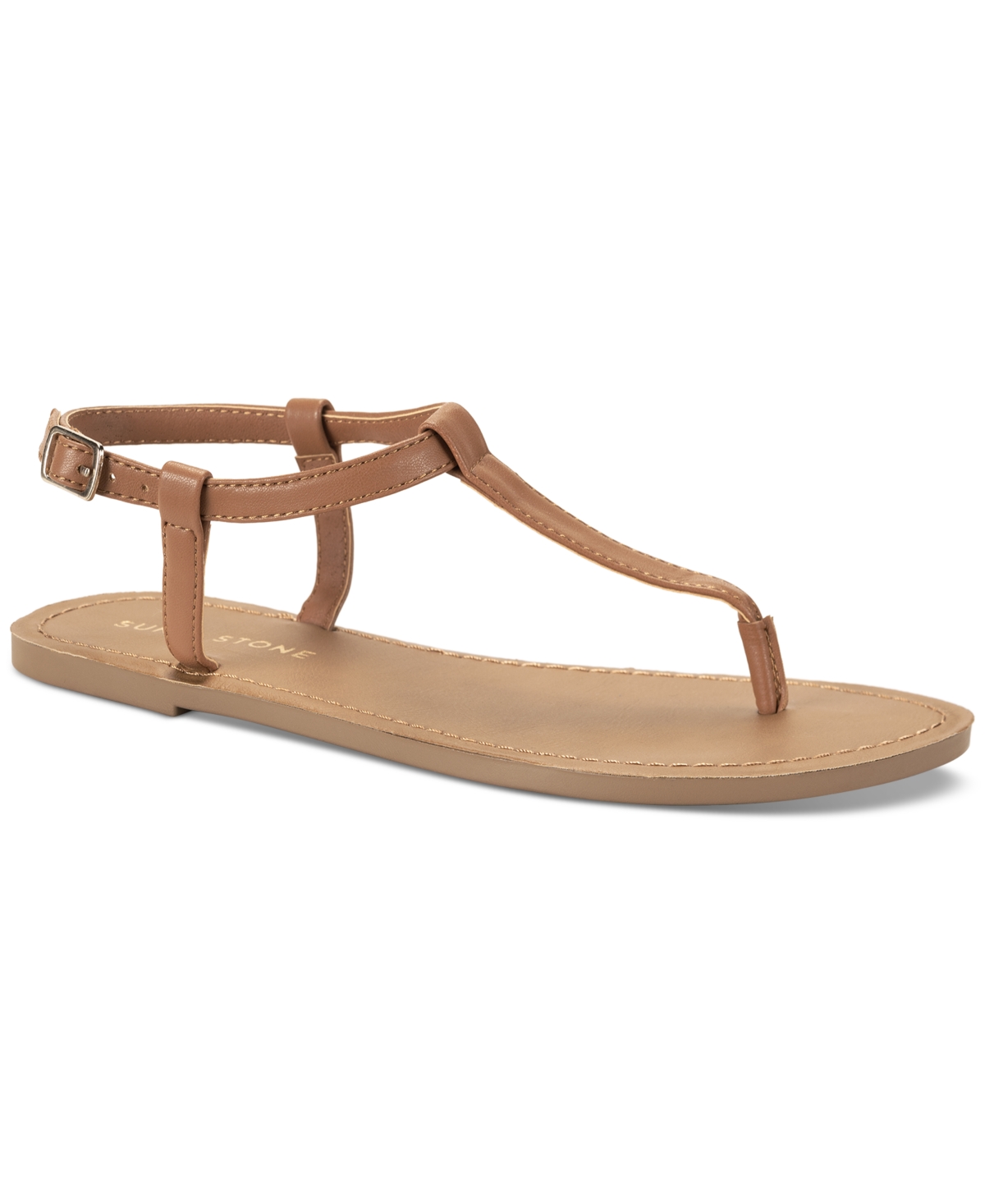 Sun + Stone Krisleyy T-strap Slingback Flat Sandals, Created For Macy's In Dark Tan