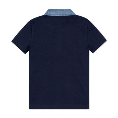Boys Short Sleeve Jersey Polo with Chambray Trim