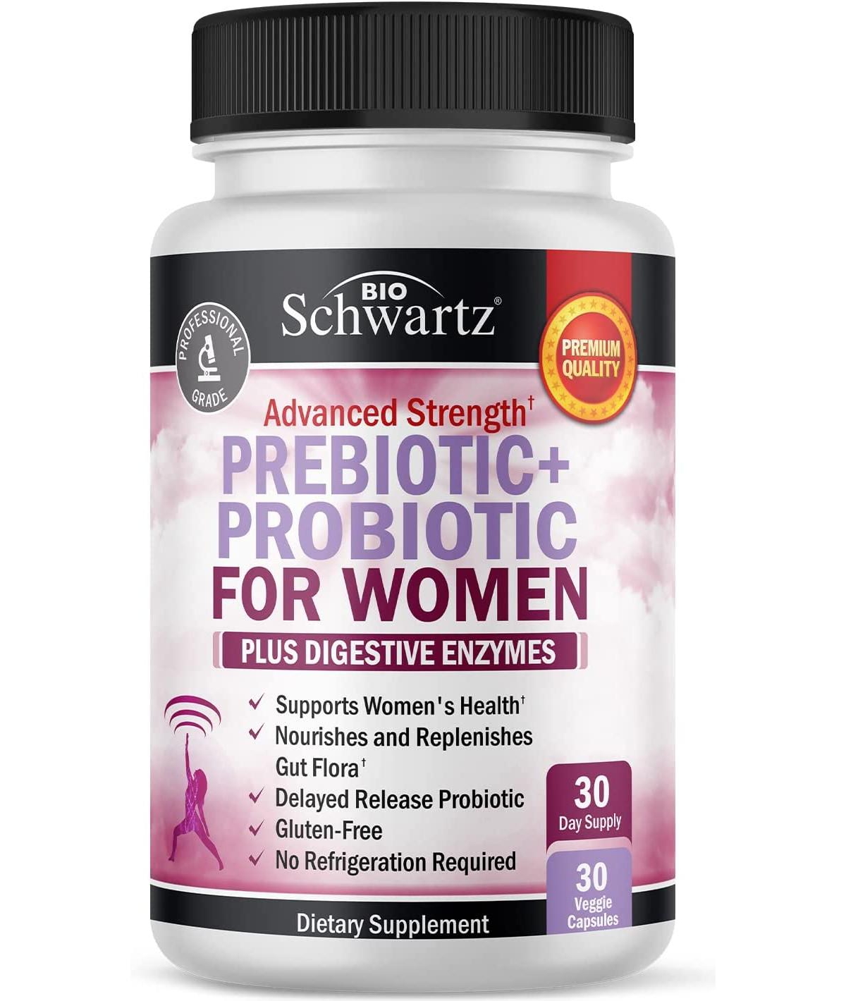 Bio Schwartz Prebiotic & Probiotics for Women - Black Clover, Red Cohosh - Digestive Enzymes, Gut Health Support - 30 Count