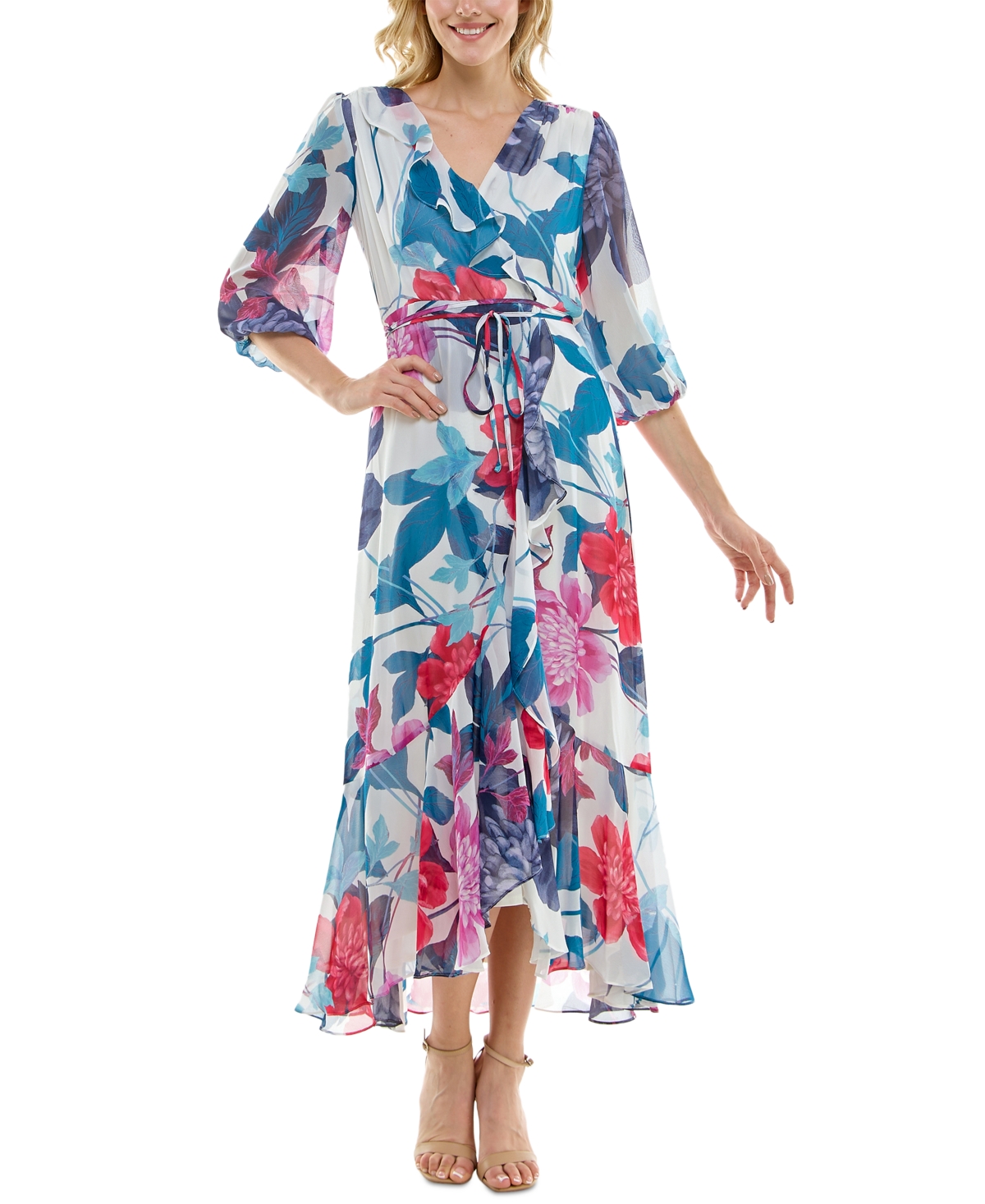 Shop Maison Tara Women's Floral-print Surplice-neck Chiffon Maxi Dress In Ivory,poppy