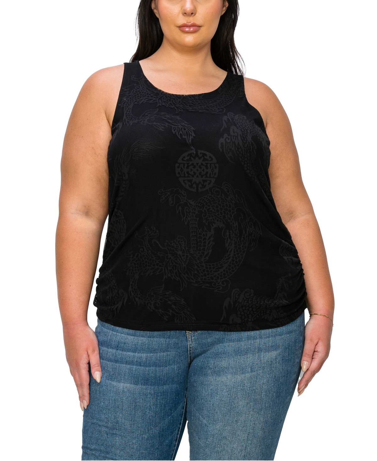 Coin 1804 Plus Size Dragon Print Mesh Side Ruched Tank Top In Black