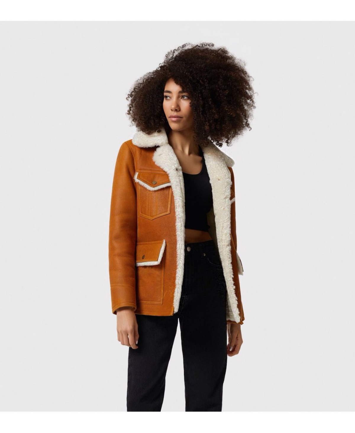 Women's Shearling Western Trucker Jacket, Washed Whiskey with White Wool - Whiskey