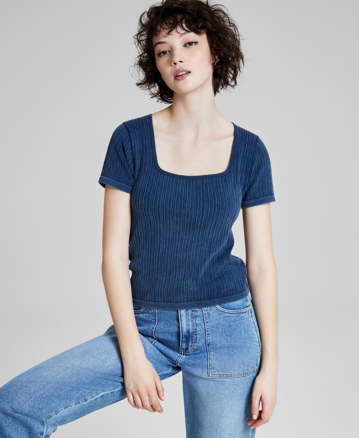 Shop And Now This Women's Ribbed Seamless Square-neck Tee, Created For Macy's In Carbon Blue