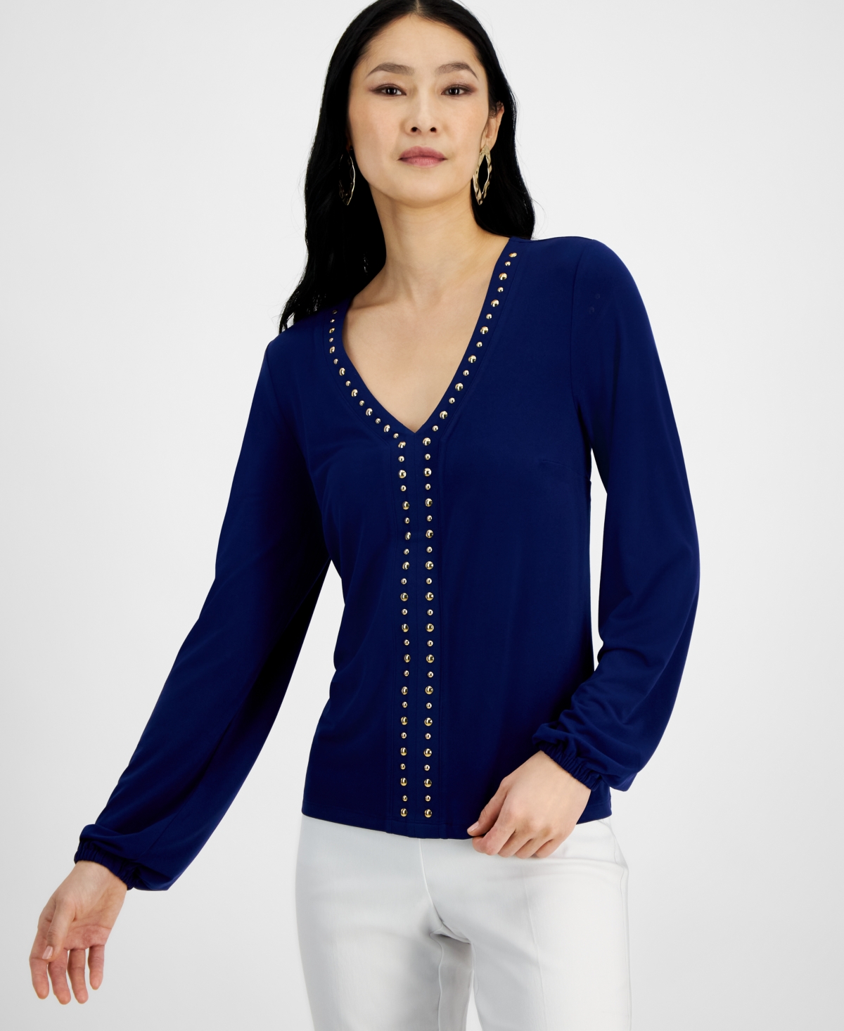Inc International Concepts Plus Size Studded V-neck Blouson-sleeve Top, Created For Macy's In Sapphire Crush