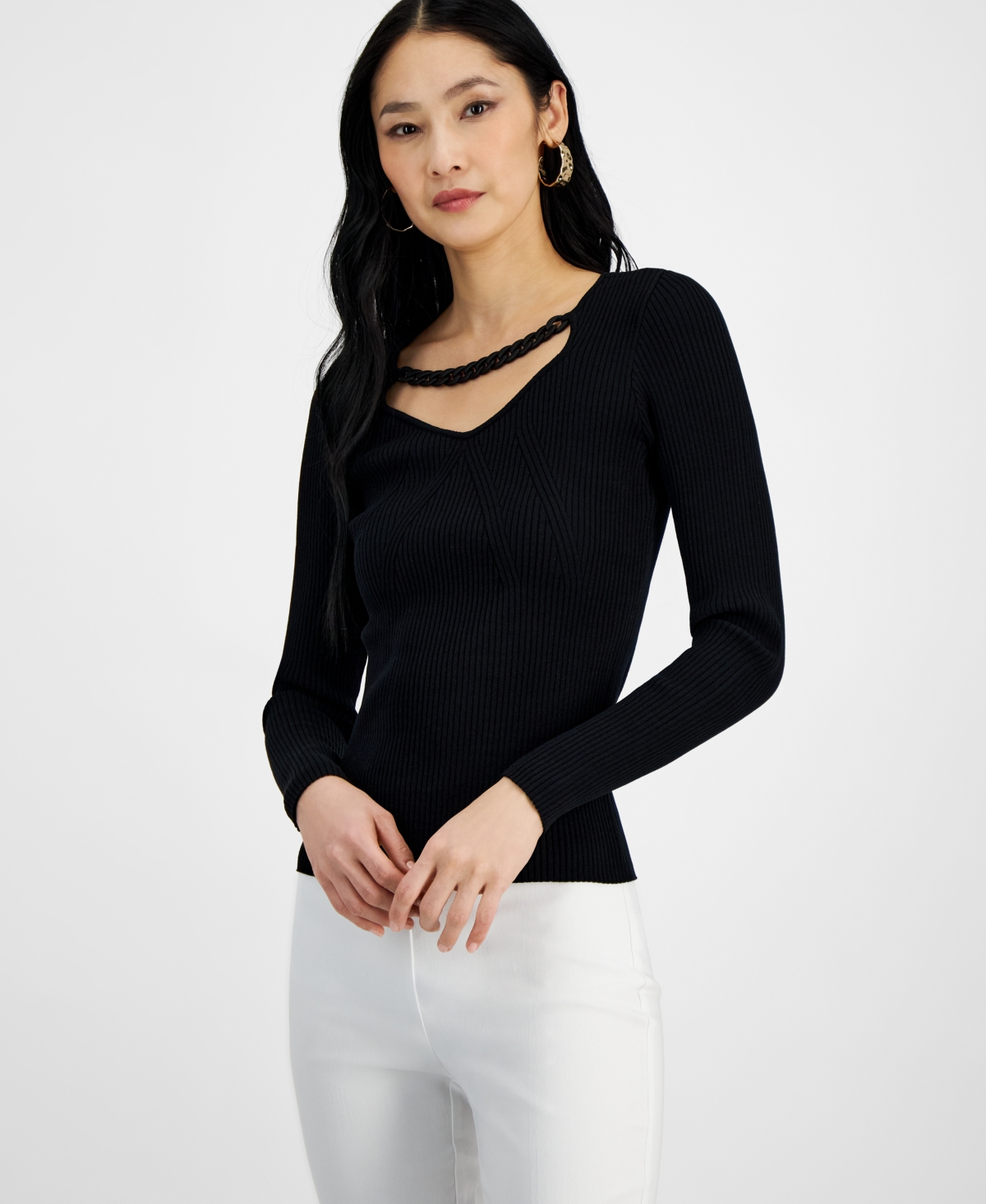 Women's Chain-Trim Cutout Sweater, Created for Macy's - Pink Dragonfruit
