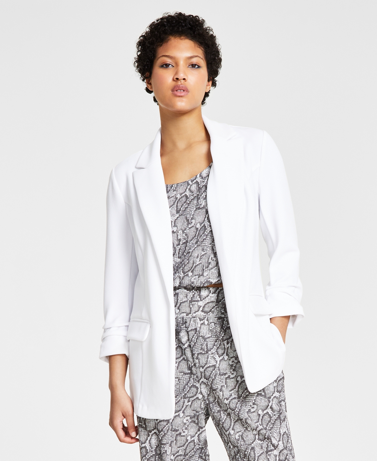 Women's Notch-Lapel Ruched-Sleeve Open-Front Blazer, Created for Macy's - Palmetto