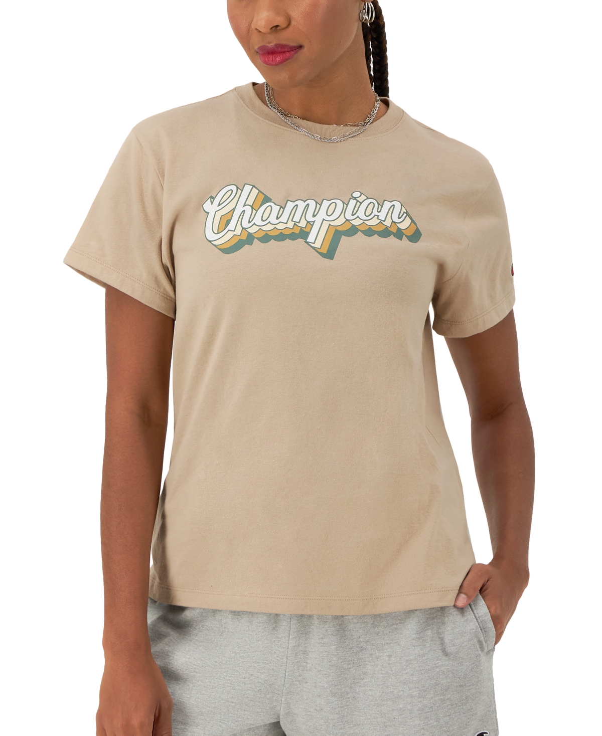 Shop Champion Women's Classic Logo Crewneck T-shirt In Champagne Frost