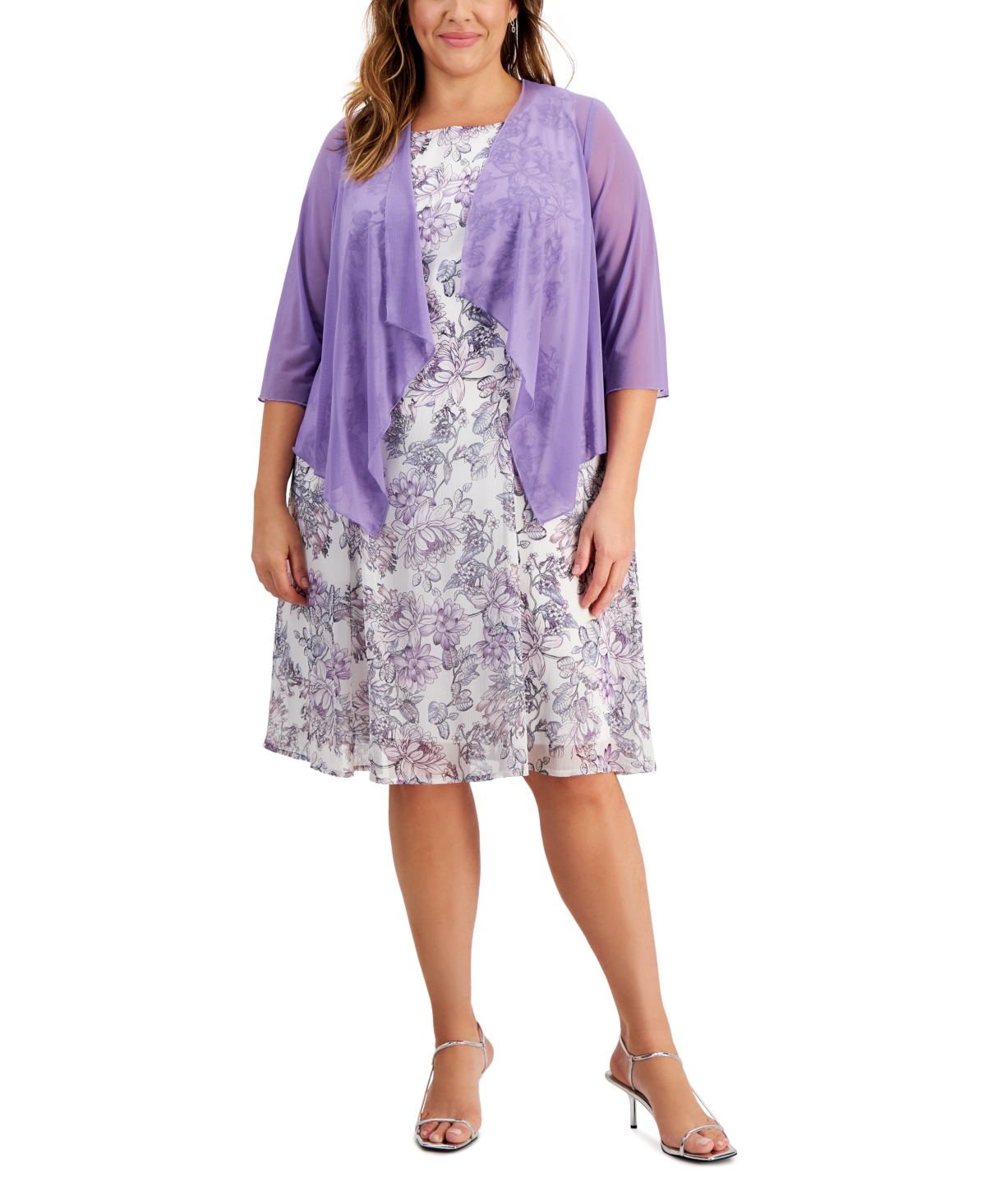 Plus Size Printed Dress and Mesh Jacket - Orchid