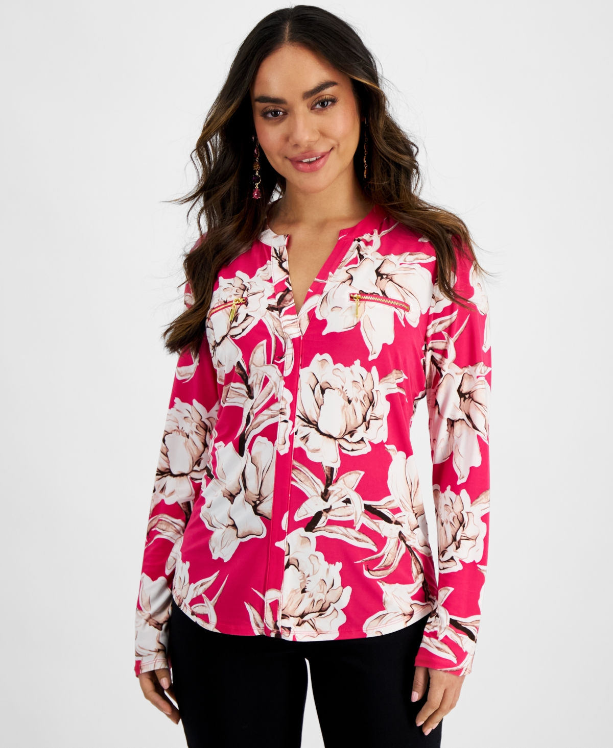 Inc International Concepts Petite Floral-print Zipper-pocket Top, Created For Macy's In Mariana Combo Pink