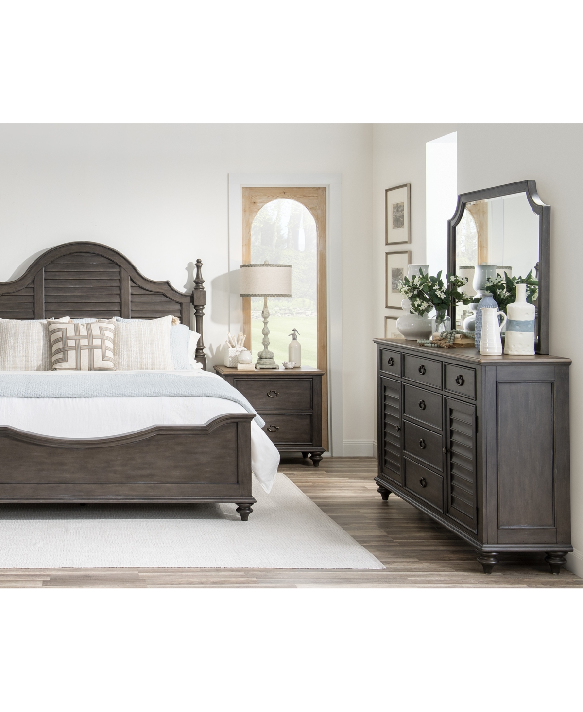 Shop Macy's Mandeville 3pc Bedroom Set (louvered King Bed + Louvered Dresser + 2-drawer Nightstand) In Brown