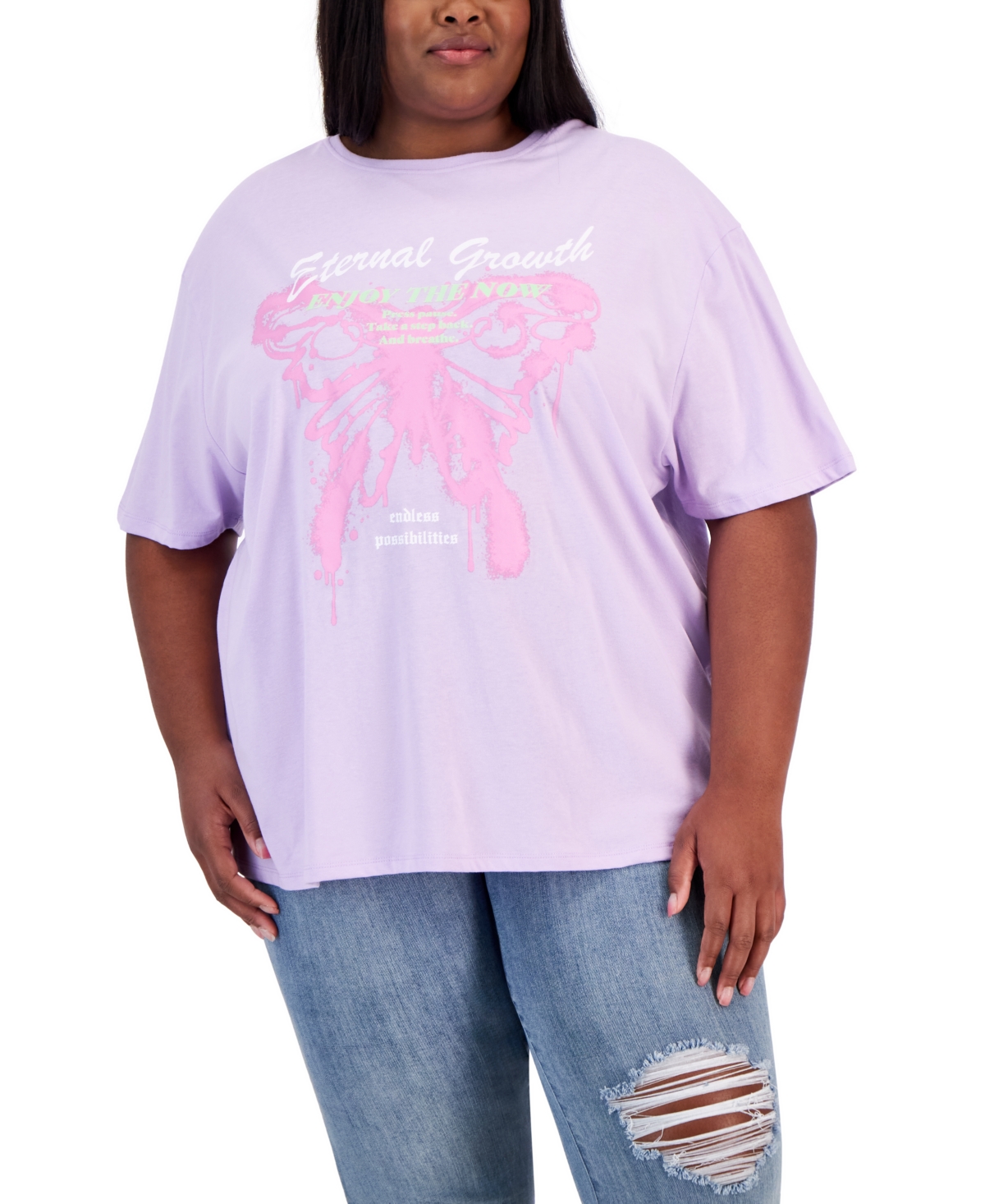 Trendy Plus Size Butterfly Growth Cotton T-Shirt - Purple