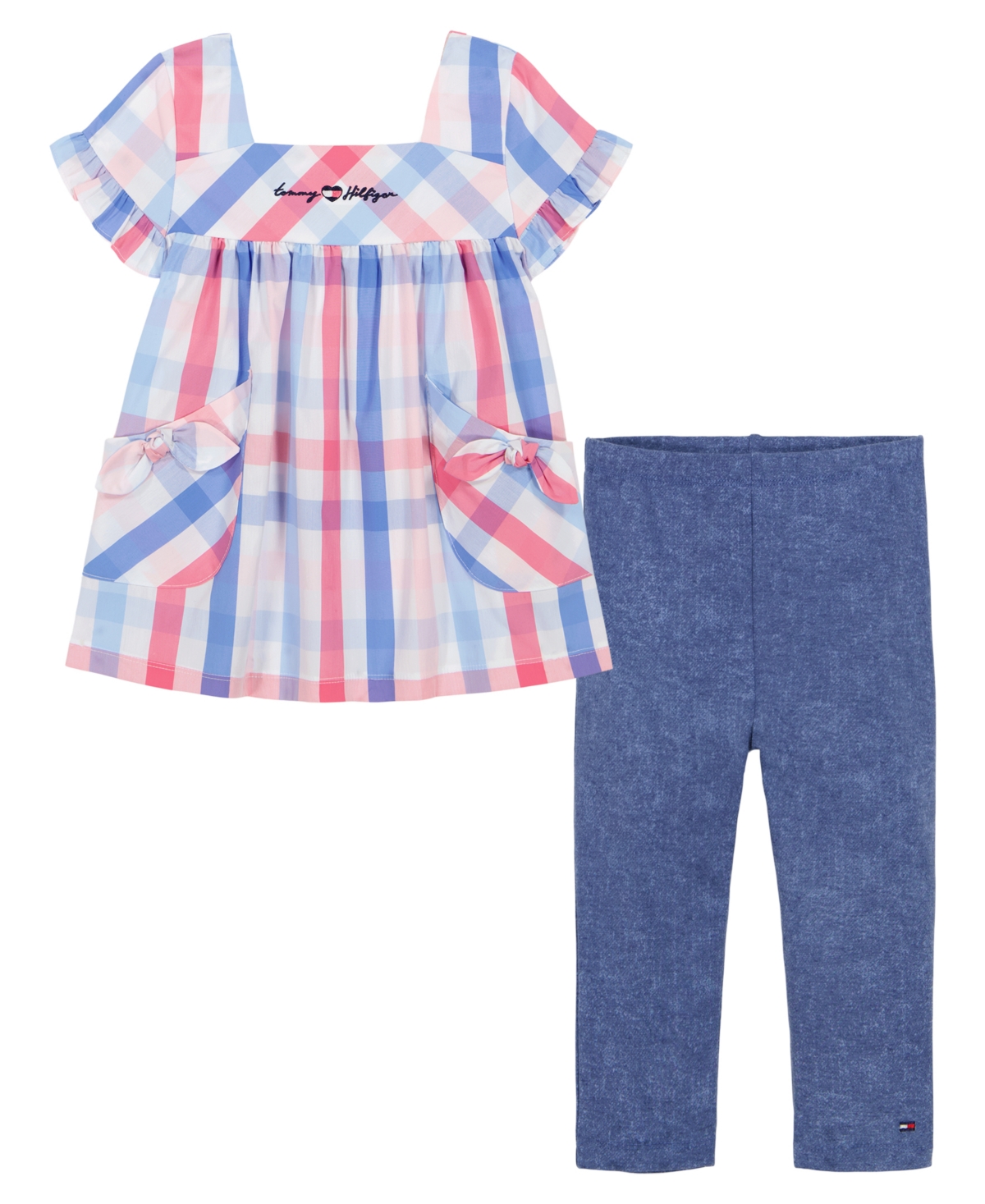 Shop Tommy Hilfiger Little Girls Short Sleeve Plaid A-line Tunic Top And Capri Jeggings, 2 Piece Set In Multi