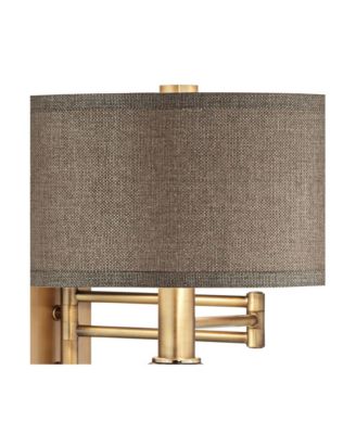 Modern Swing Arm Wall Lamp Painted Polished Brass Plug-In Light Fixture Dark Taupe Drum Shade for Bedroom Living Room