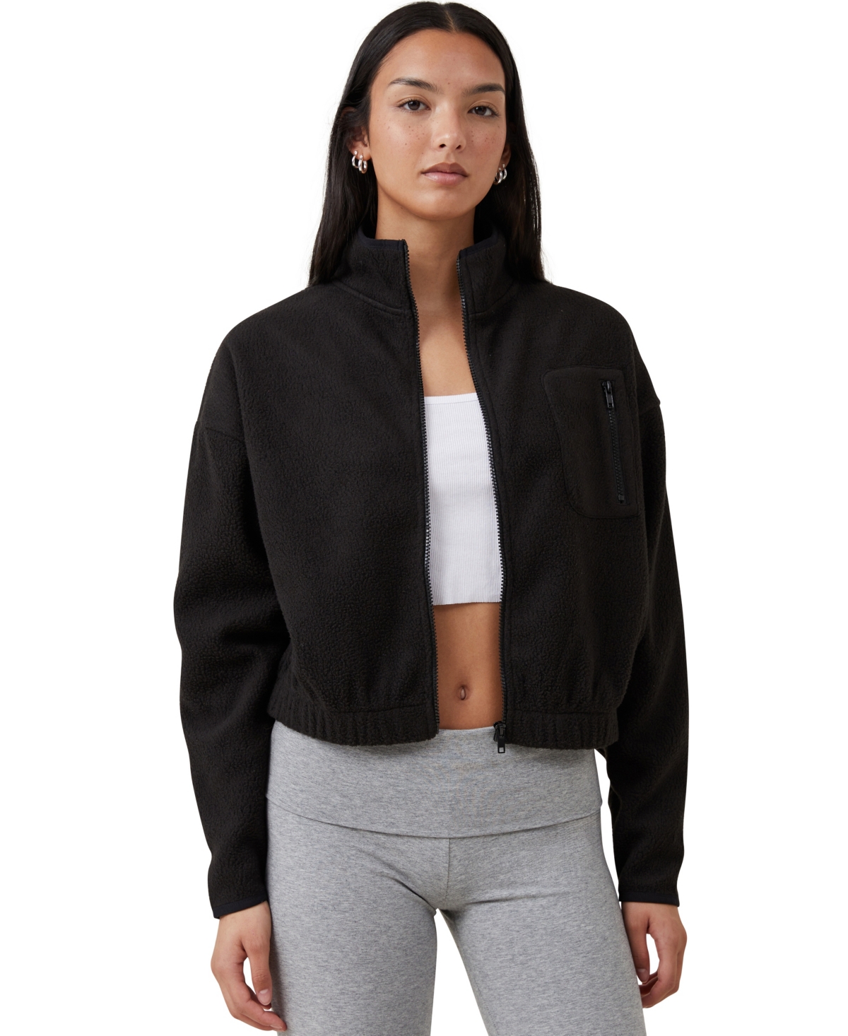 Women's Teddy Fleece Cropped Zip Through Sweater - Black