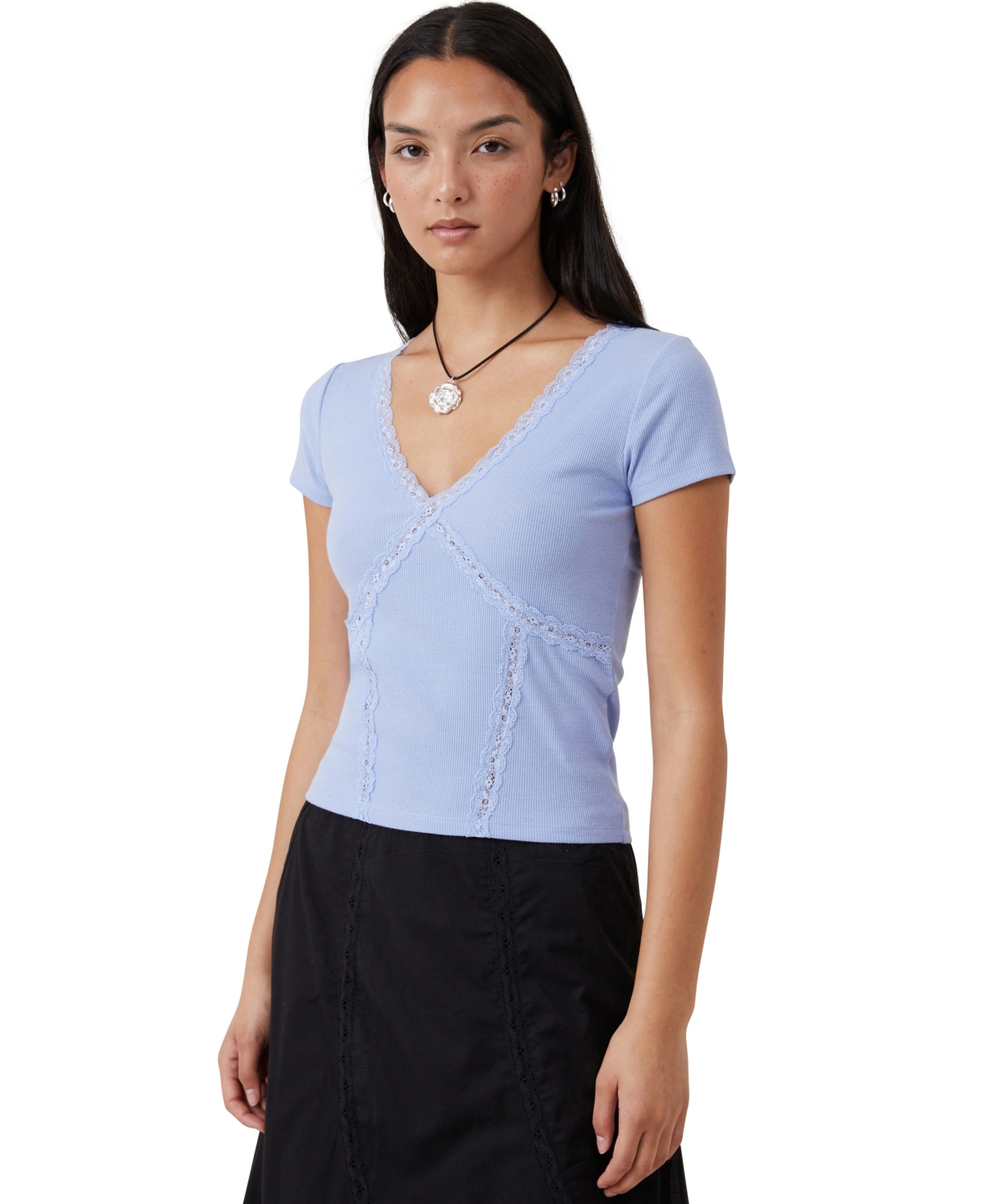 Women's Daisy Lace Trim T-shirt - Frosted Blue