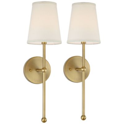 Elena Modern Wall Light Sconces Set of 2 Warm Brass Gold Metal Hardwired 6" Cream Linen Shade for Bedroom Bedside Living Room House Home Hallway Dining Kitchen - Possini Euro Design