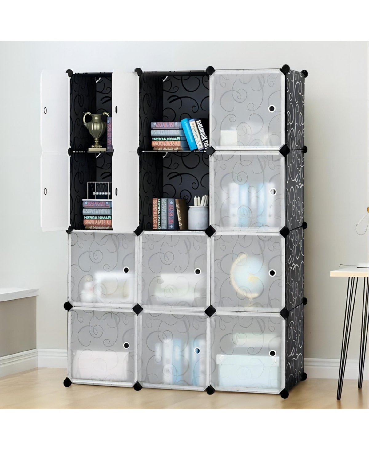 12-Cube Storage Organizer Portable Wardrobe Closet Shoe Rack with Doors - Black