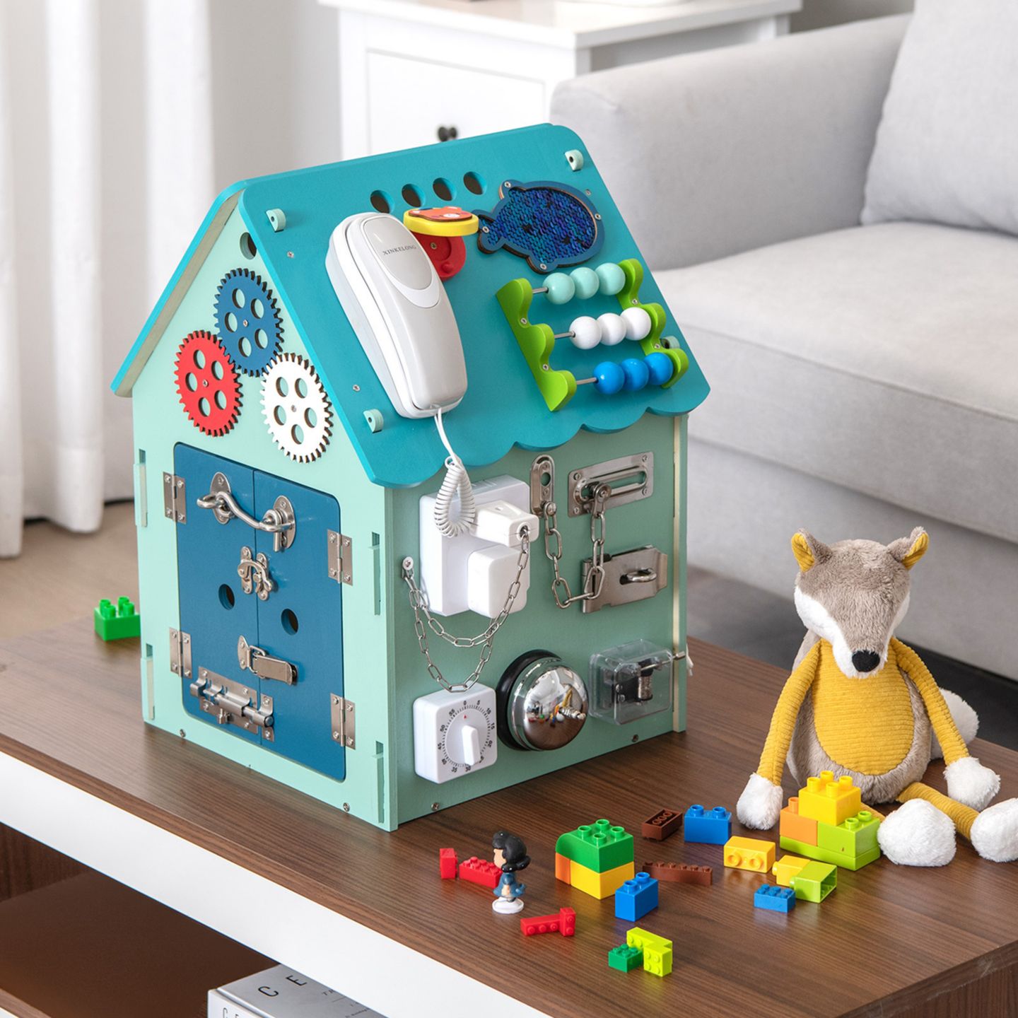 Детская игрушка Costway Wooden Busy House Montessori Toy Sensory Games Activity Table, Ages 1+, цвет: Зелёный — фото 11