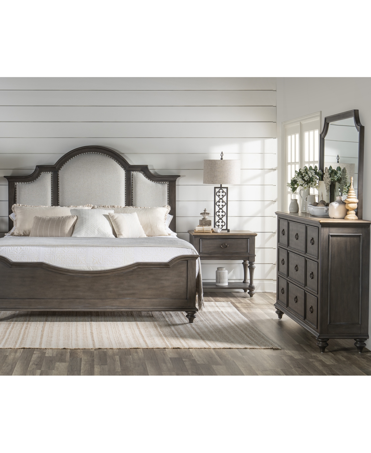 Macy's Mandeville 3pc Bedroom Set (upholstered California King Bed + Dresser + 1-drawer Nightstand) In Brown