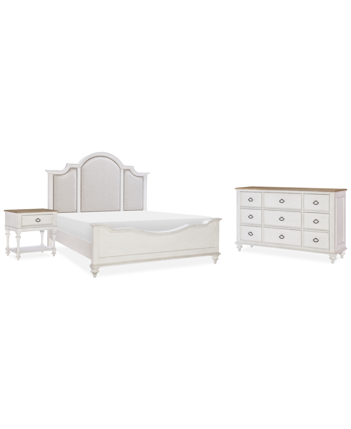 Shop Macy's Mandeville 3pc Bedroom Set (upholstered Queen Bed + Dresser + 1-drawer Nightstand) In White