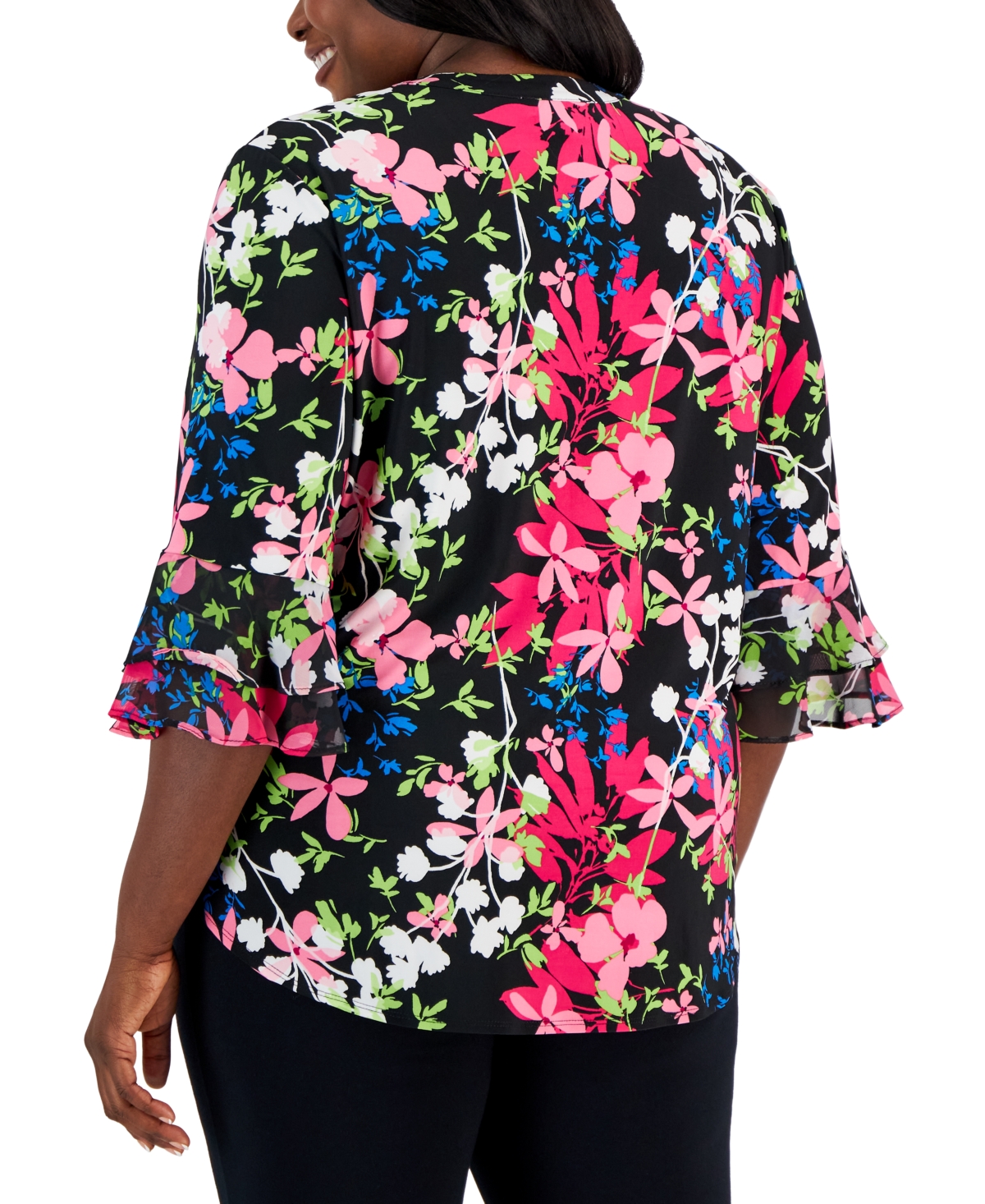 Shop Kasper Plus Size Floral-print 3/4-ruffled-sleeve Blouse In Black,pink Perfection