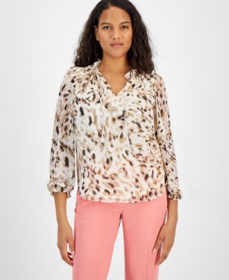 Bar III - Women's Abstract-Print Tie-Neck Blouse