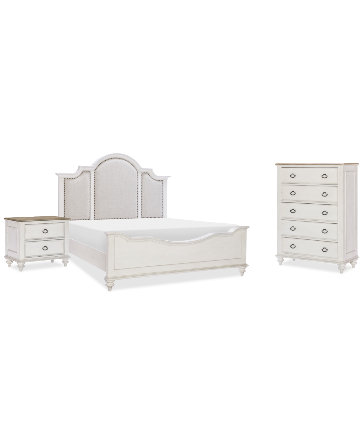 Shop Macy's Mandeville 3pc Bedroom Set (upholstered California King Bed + Drawer Chest + 2-drawer Nightstand) In White