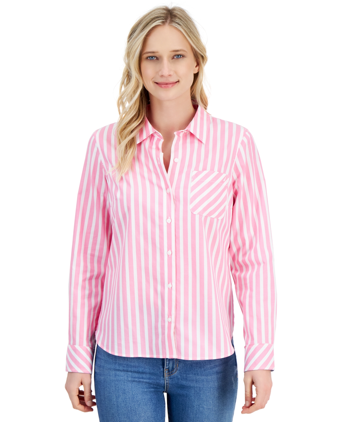 Women's Striped Seaport Roll-Tab-Sleeves Button-Down Shirt - Lt/paspink
