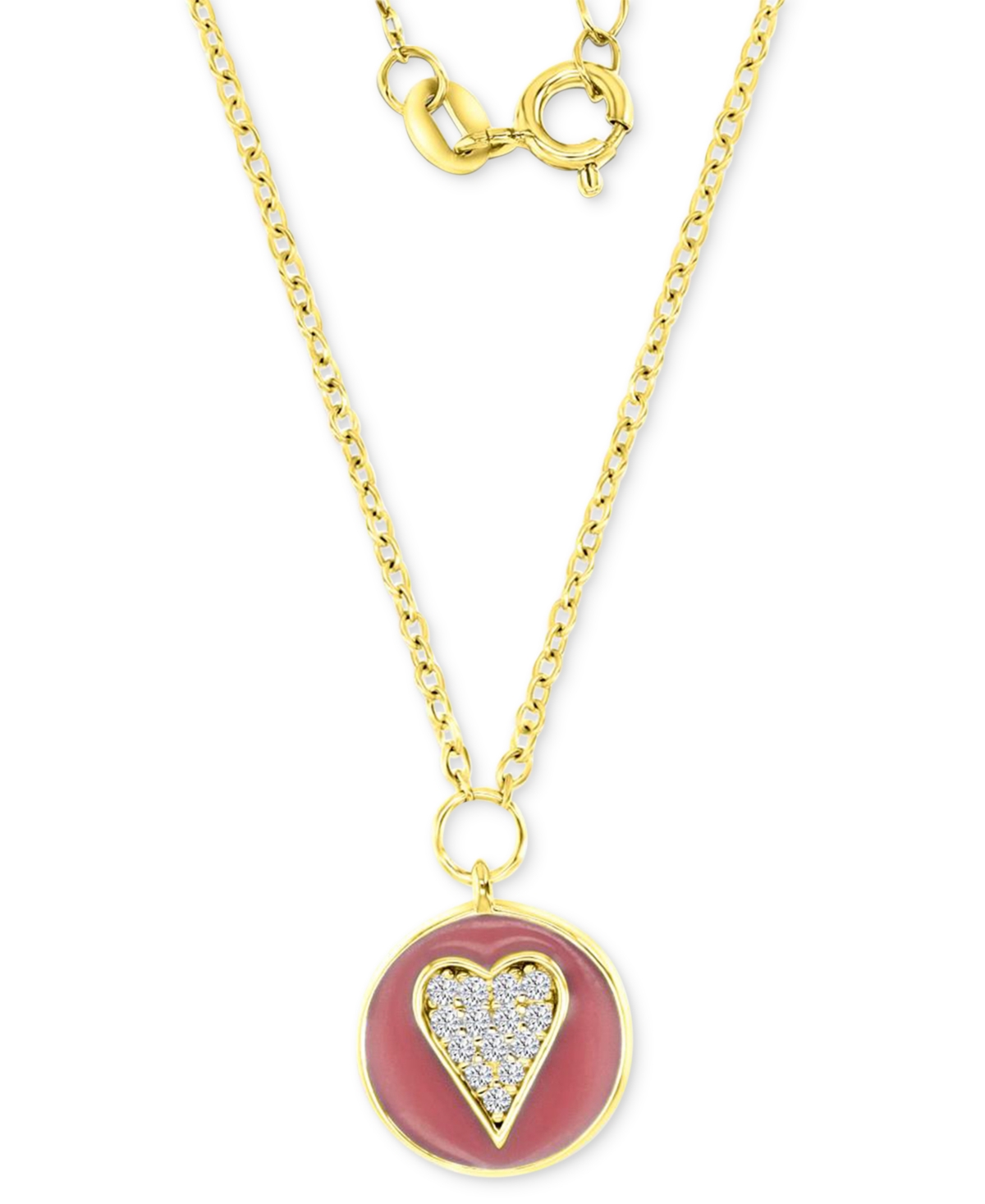 Shop Macy's Cubic Zirconia & Pink Enamel Cluster Disc Pendant Necklace In 14k Gold-plated Sterling Silver, 13" +