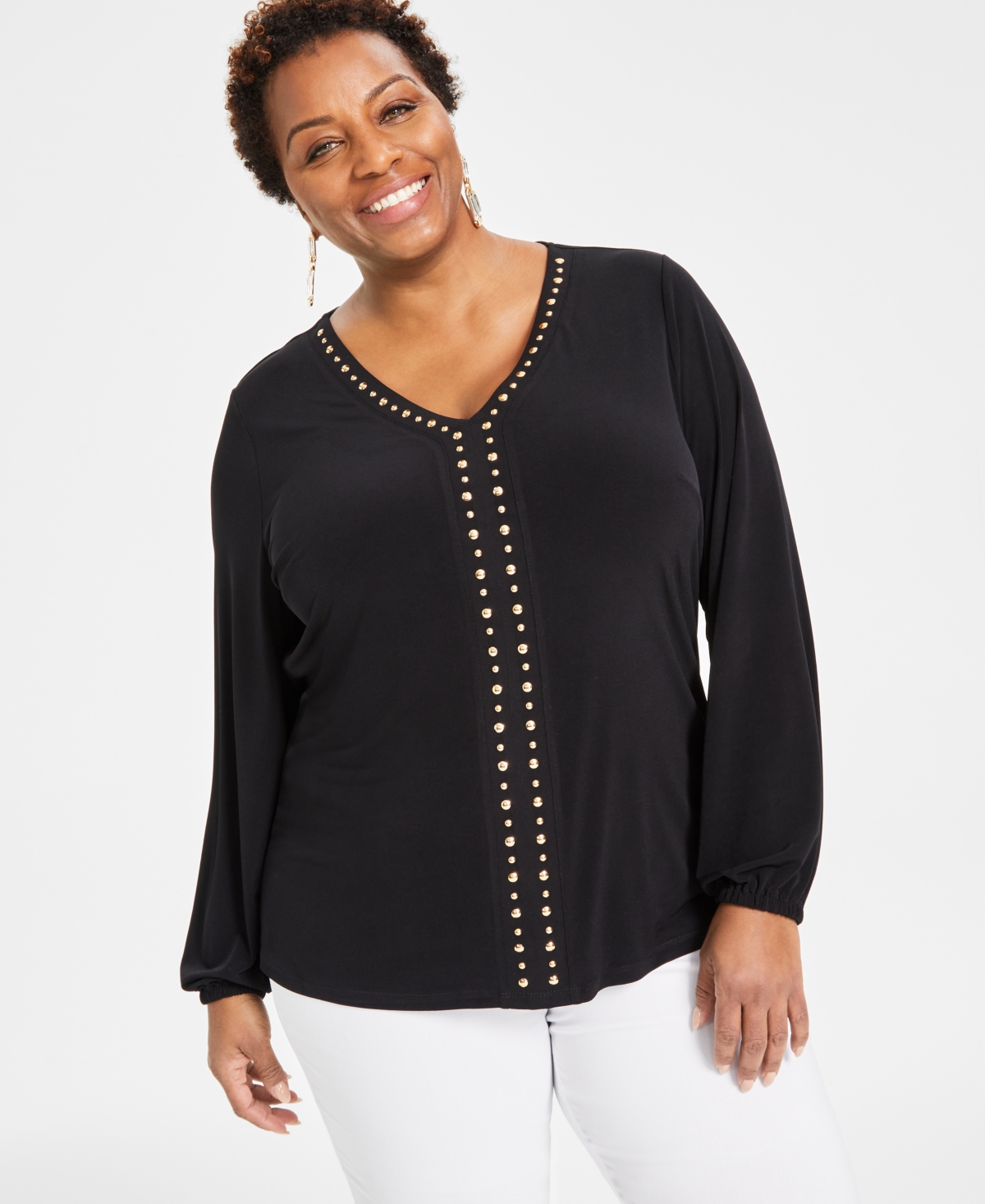 Inc International Concepts Plus Size Studded V-neck Blouson-sleeve Top, Created For Macy's In Deep Black