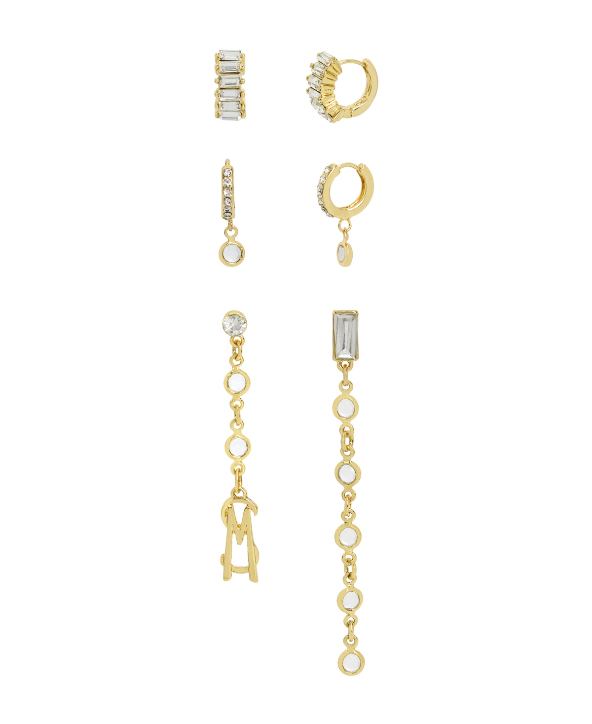 Steve Madden Faux Stone Signature Logo Baguette Huggie Earrings Set In Crystal,gold