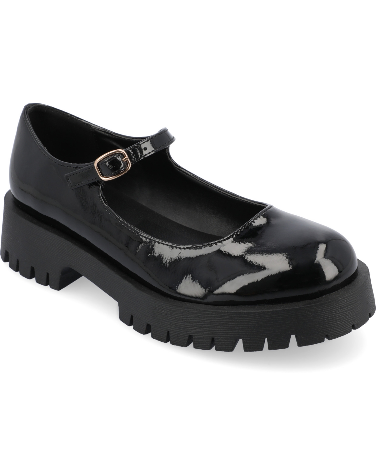 Journee Collection Women's Kamie Wide Width Mary Jane Round Toe Buckle Flats In Patent,black