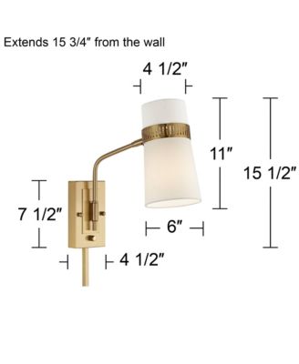Cartwright Modern Swing Arm Wall Lamp Warm Antique Brass Plug-In Light Fixture Beige Linen Tapered Cylinder Shade for Bedroom Bedside House Reading Living Room Home Dining - Possini Euro Design