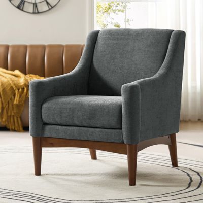 Fabric Recessed Arms Accent Chair with Solid Wood Legs for Living Room Bedroom