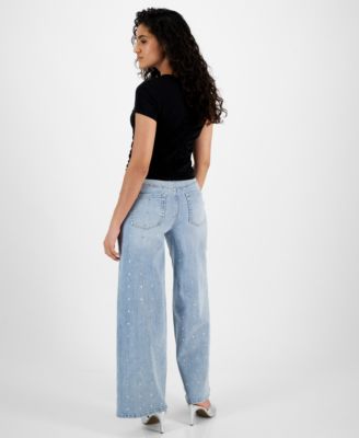 Shop Dkny Jeans Womens Ruched Top Studded Wide Leg Jeans In Aw - Atlantic Wash