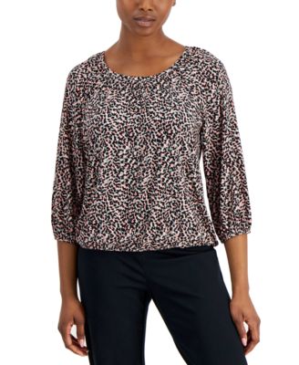 AK Anne Klein - Petite 3/4-Sleeve Animal-Print Peasant Top