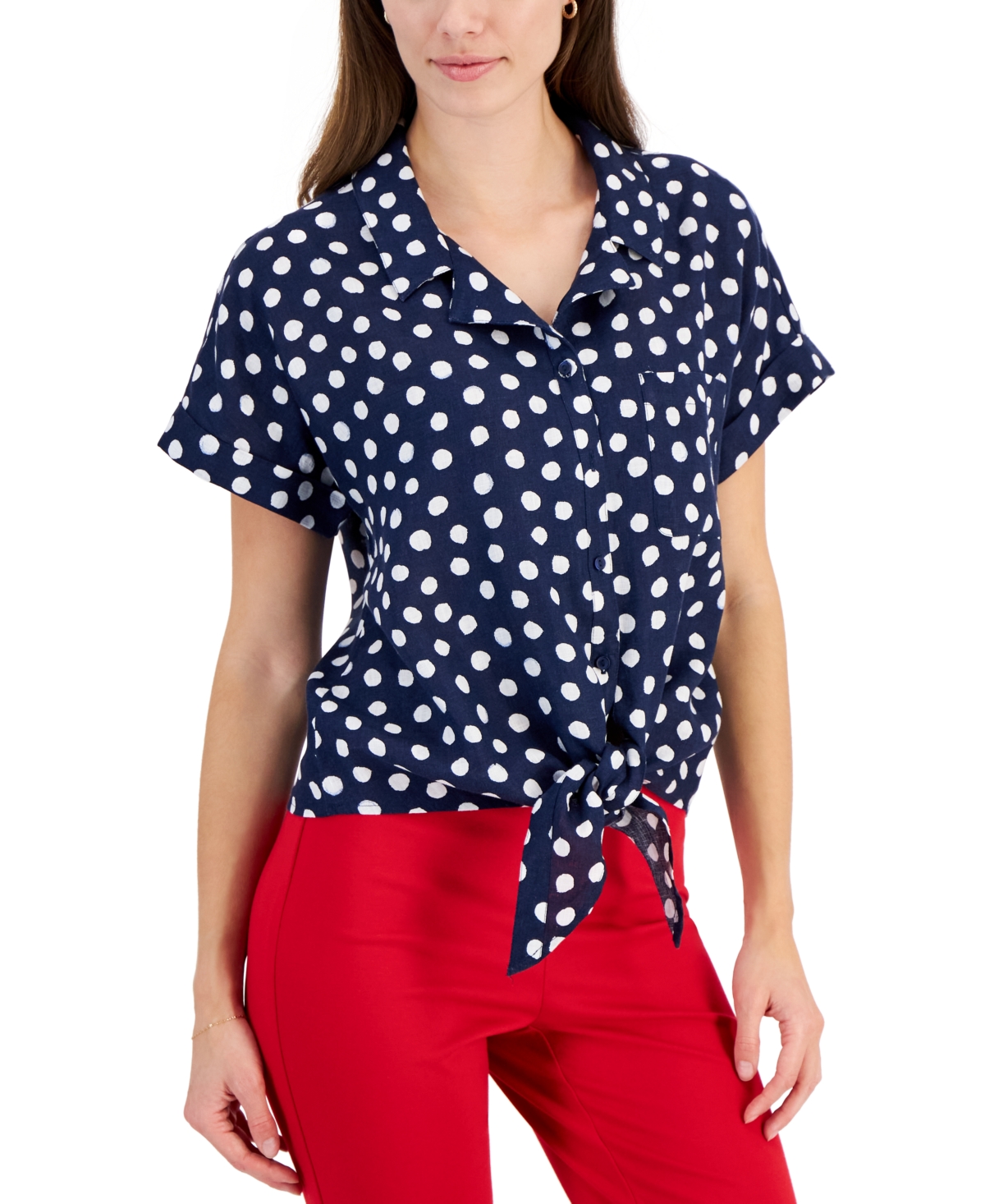 Women's 100% Linen Carrie Dot-Print Tie-Front Shirt, Created for Macy's - Intrepid Blue Combo