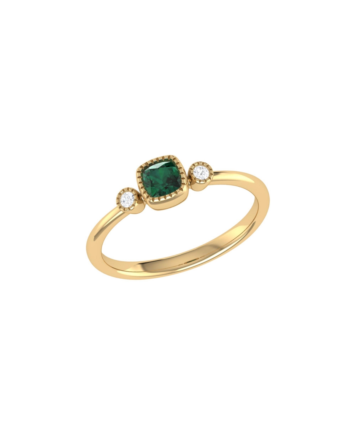Cushion Emerald Gemstone Round Natural Diamond 14K Yellow Gold Birthstone Ring - Yellow