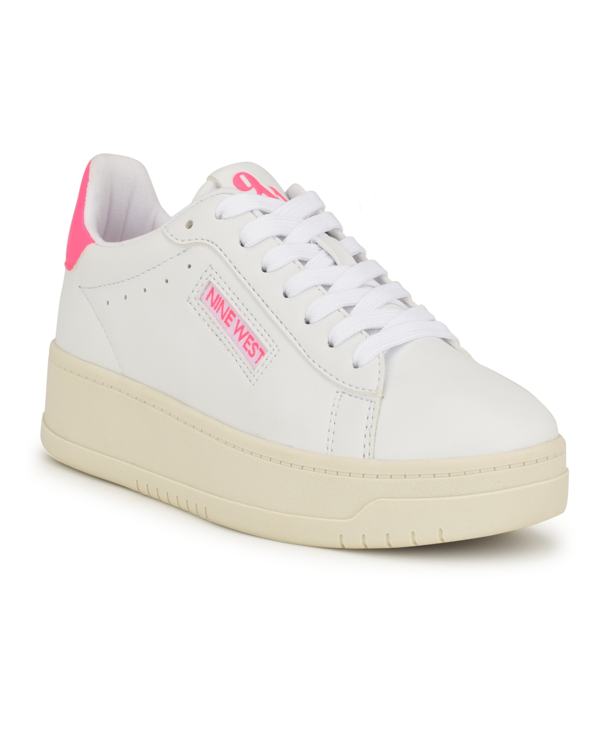Shop Nine West Women's Dunnit Lace-up Round Toe Casual Sneakers In White,neon Pink