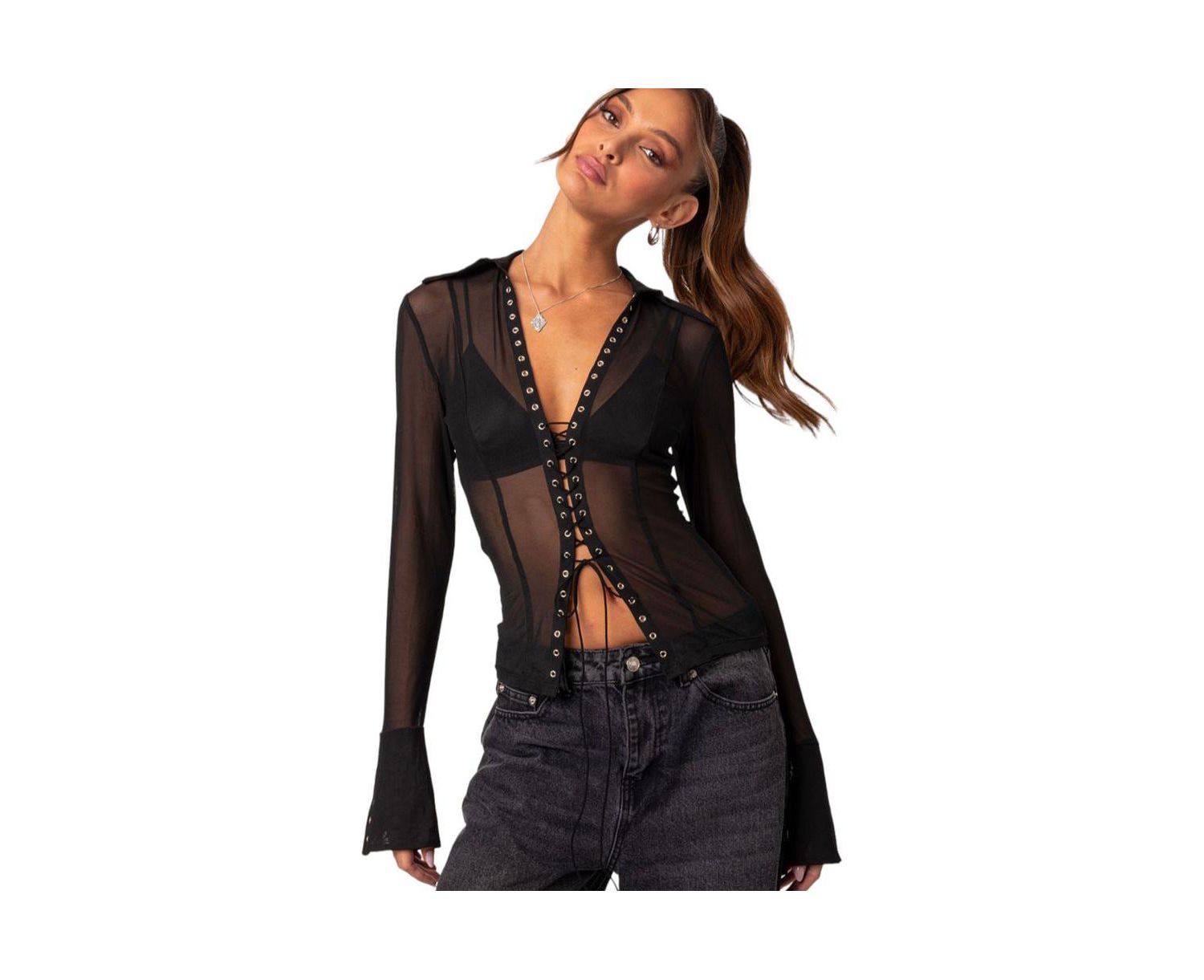 Women's Lace up sheer mesh top