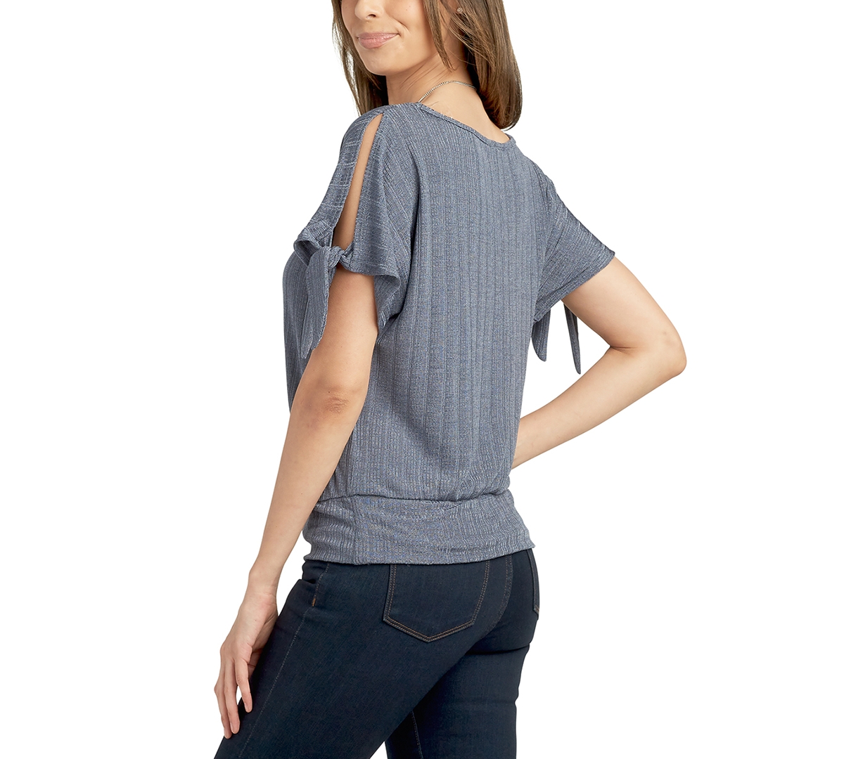 Shop Bcx Juniors' Rib-knit Split-sleeve Banded-hem Top In Denim