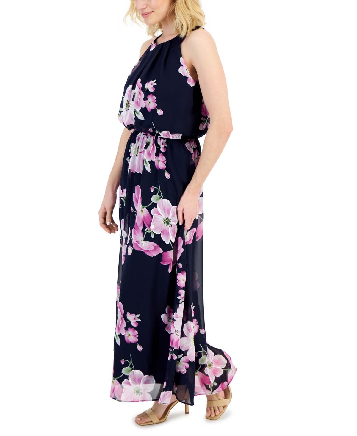 Shop Robbie Bee Petite Halter Floral Print Sleeveless Maxi Dress In Navy,orchid