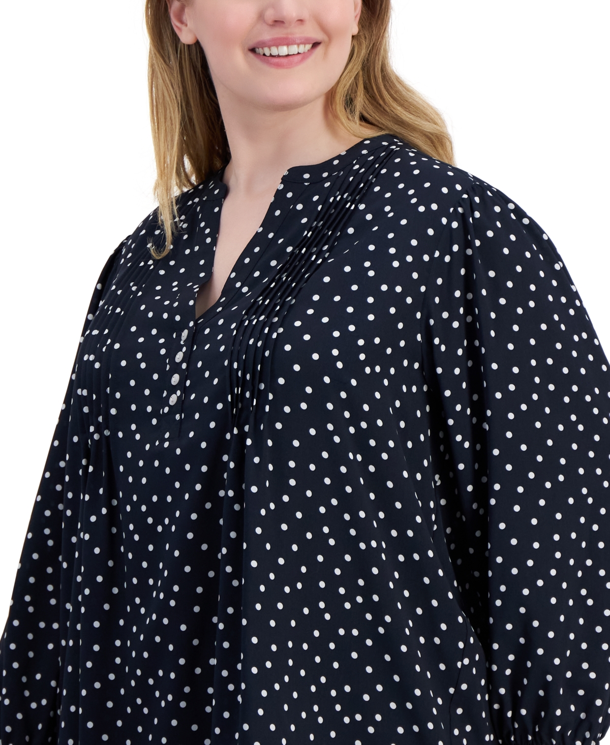 Tommy Hilfiger Plus Size Dot Print Pintuck 3/4-Sleeve Top -Ivory
