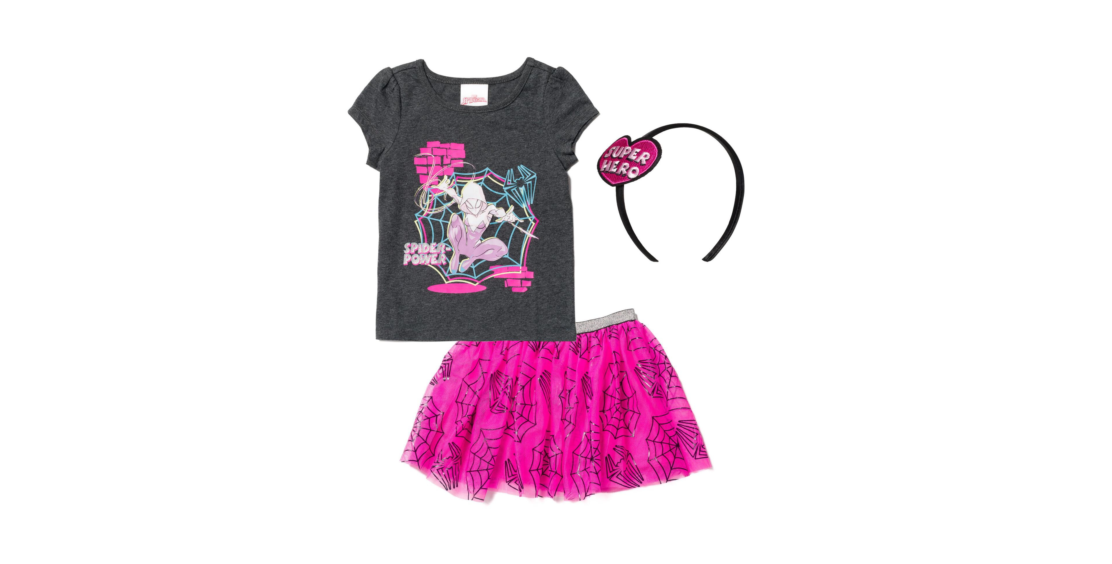 Marvel Spider-Man Spider-Gwen Girls Graphic T-Shirt Tulle Skirt and Headband 3 Piece Outfit Set Toddler |Child