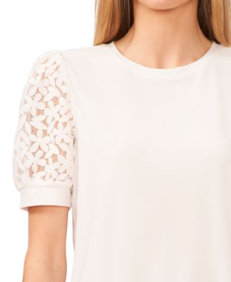 Women's Crochet Puff Sleeve Mix Media Knit Top