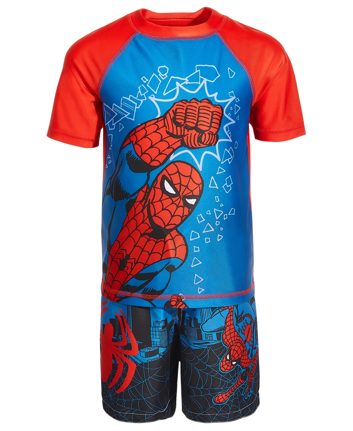 Shop Spider-man Little Boys Rashguard And Swim Trunks, 2 Piece Set In Blue