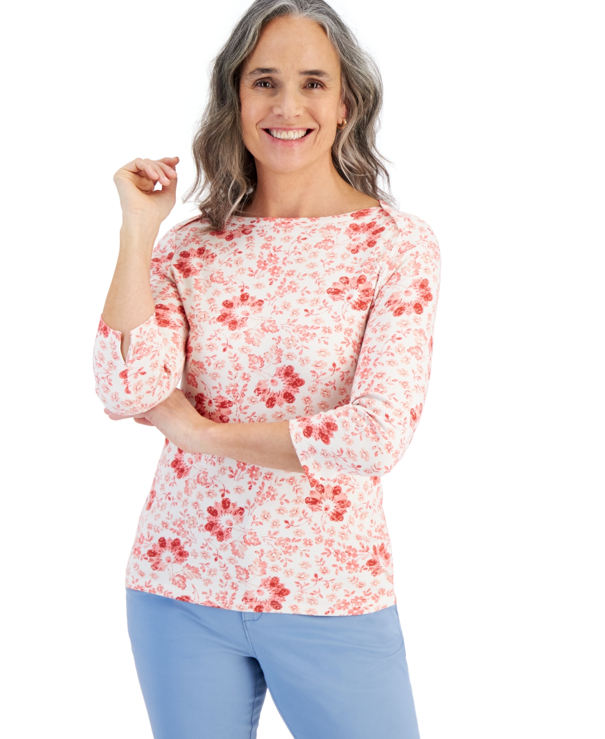 Petite Pottery Floral 3/4-Sleeve Pima Knit Top, Created for Macy's - Pottery Shitake