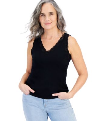 Style & Co Women's Lace-Trim Cotton Tank Top, Exclusively at