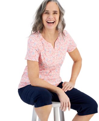 売れ筋商品|||スタイルアンドコー カットソー トップス レディース Women's Printed Short-Sleeve Cotton Henley Top, Exclusively at Macy's Shiitake Combo Style & Co Women's Printed Short-Sleeve Henley Top, Created